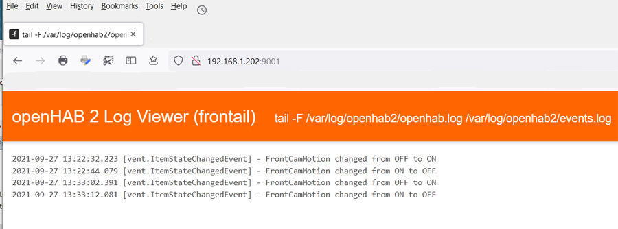 OpenHab2 Event Log. Motion Detected from IP Camera.